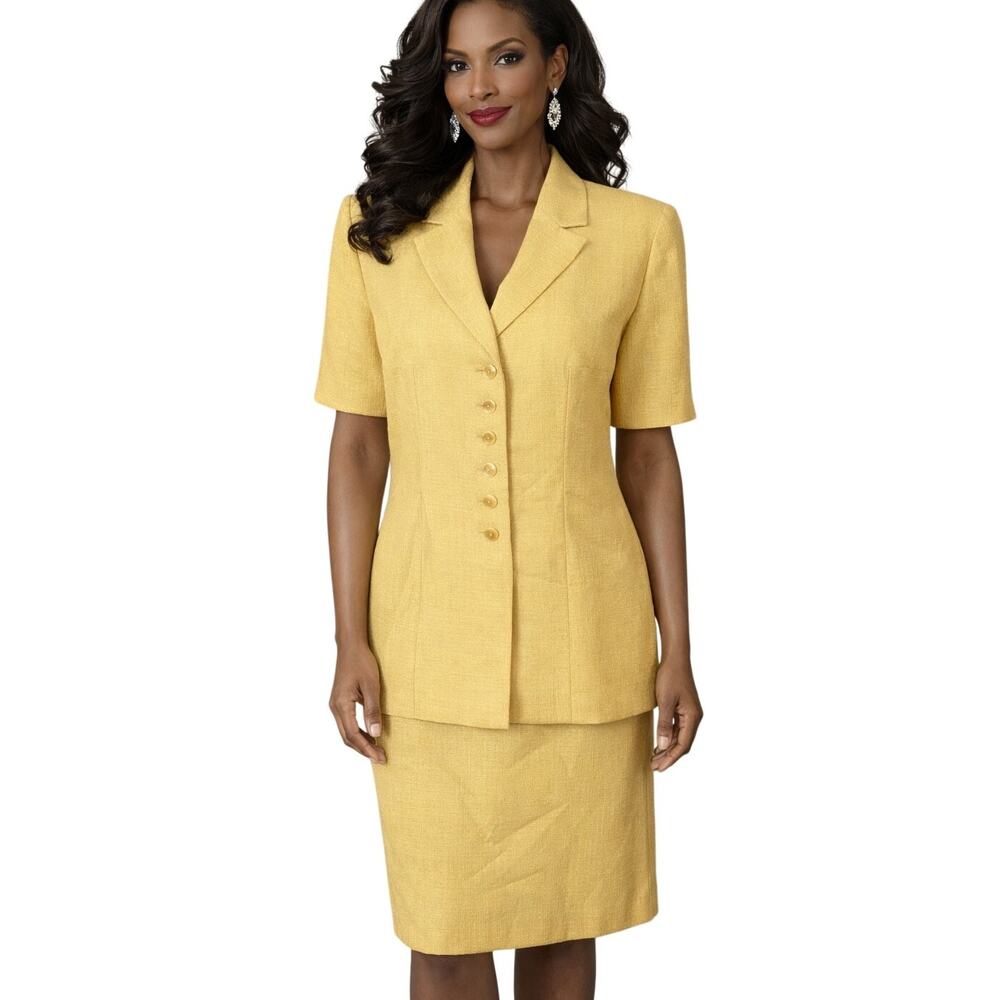 Le Suit Collections Yellow 2pc Skirt Suit Womens 12 Short Sleeve Jacket Church